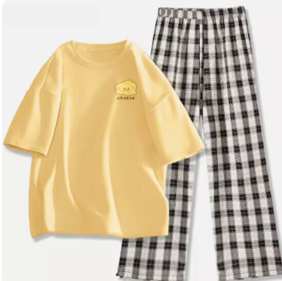 Hot selling short-sleeved legged plaid trousers suit [goose yellow (cheese block) + black and white pants] [S-XL size] (please contact customer service to confirm the delivery size after placing the order)