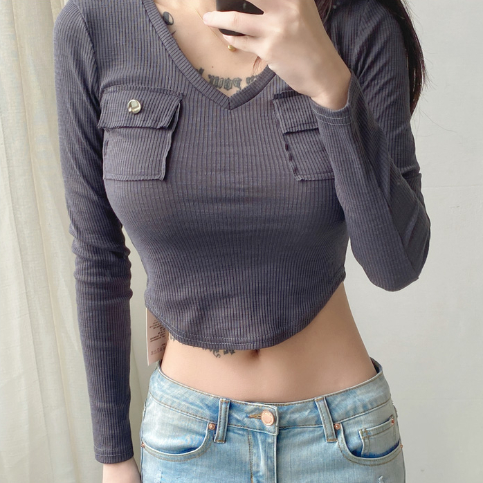 Hot selling V-neck patch pocket long-sleeved T-shirt (charcoal gray) (S/M size) (contact customer service after placing the order to confirm the delivery size)