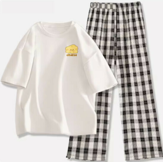 Hot selling short-sleeved legged plaid trousers suit [white (cheese block) + black and white pants] [S-2XL size] (please contact customer service to confirm the delivery size after placing the order)
