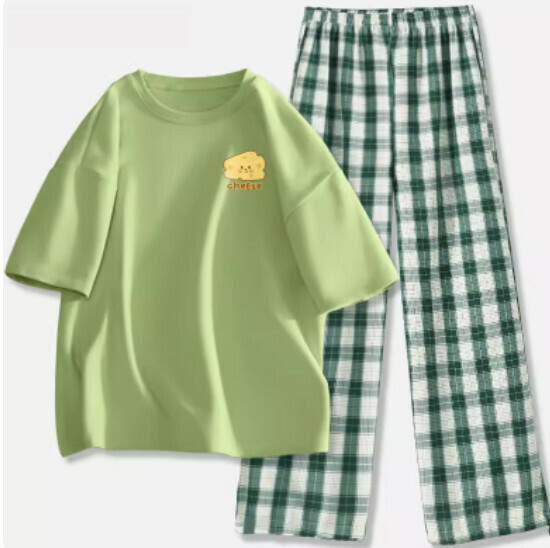 Hot selling short-sleeved legged plaid trousers suit [fruit green (cheese block) + dark green pants] [S-2XL size] (please contact customer service to confirm the delivery size after placing the order)