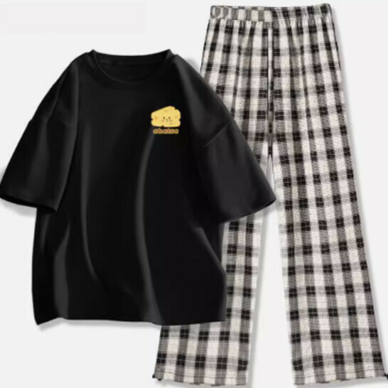 Hot selling short-sleeved legged plaid trousers suit [black (cheese block) + black and white pants] [S-2XL size] (please contact customer service to confirm the delivery size after placing the order)