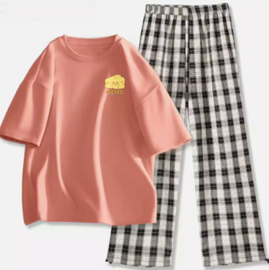 Hot selling short-sleeved legged plaid trousers suit [orange pink (cheese block) + black and white pants] [S-2XL size] (please contact customer service to confirm the delivery size after placing the order)