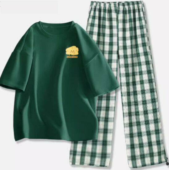 Hot selling short-sleeved legged plaid trousers suit [dark green (cheese block) + dark green pants] [S-2XL size] (please contact customer service to confirm the delivery size after placing the order)