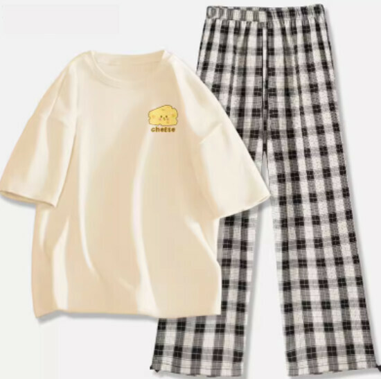 Hot-selling short-sleeved legged plaid trousers suit [milk white (cheese block) + black and white pants] [S-2XL size] (please contact customer service to confirm the delivery size after placing the order)