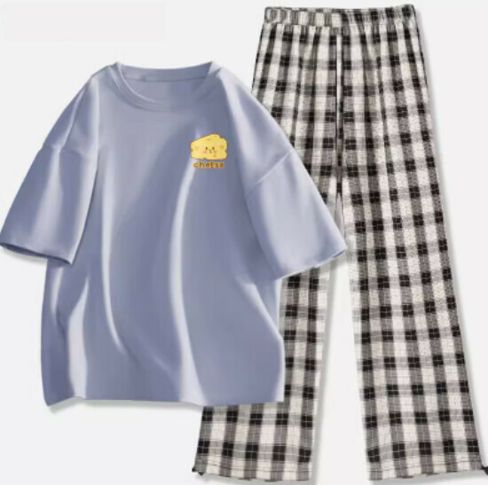 Hot selling short-sleeved legged plaid trousers suit [light blue (cheese block) + black and white pants] [S-2XL size] (please contact customer service to confirm the delivery size after placing the order)
