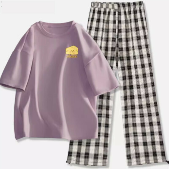 Hot selling short-sleeved legged plaid trousers suit [Taro Purple (Cheese Block) + Black and White Pants] [S-2XL Size] (please contact customer service to confirm the delivery size after placing the order)