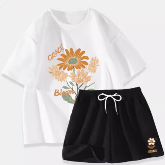 Hot selling pure cotton short-sleeved T-shirt two-piece set [White (Sunflower Bouquet) + Black Pants] [S-XL] (please contact customer service to confirm the delivery size after placing the order)