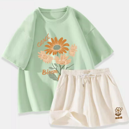 Hot selling pure cotton short-sleeved T-shirt two-piece set [fruit green (sunflower bouquet) + milky white pants] [S-XL size] (please contact customer service to confirm the delivery size after placing the order)