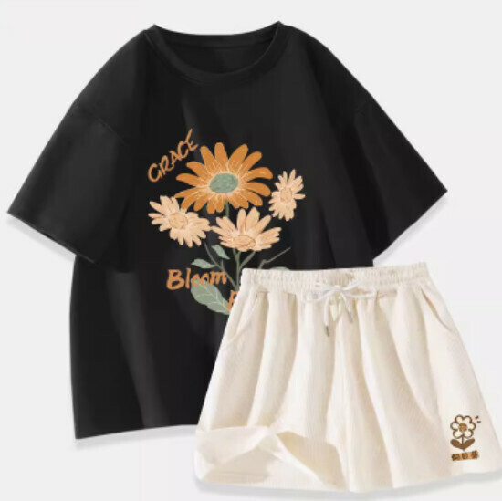 Hot selling cotton short-sleeved T-shirt two-piece set [Black (Sunflower Bouquet) + Cream Pants] [S-XL] (please contact customer service to confirm the delivery size after placing the order)