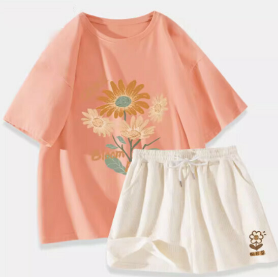 Hot selling cotton short-sleeved T-shirt two-piece set [orange pink (sunflower bouquet) + milky white pants] [S-XL size] (please contact customer service to confirm the delivery size after placing the order)