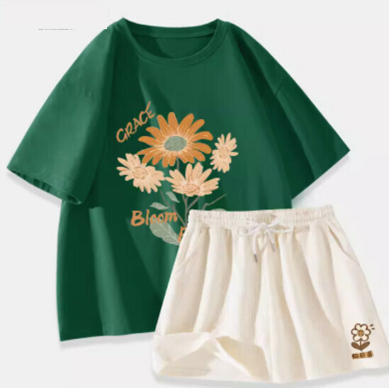 Hot selling cotton short-sleeved T-shirt two-piece set [dark green (sunflower bouquet) + milky white pants] [S-XL size] (please contact customer service to confirm the delivery size after placing the order)