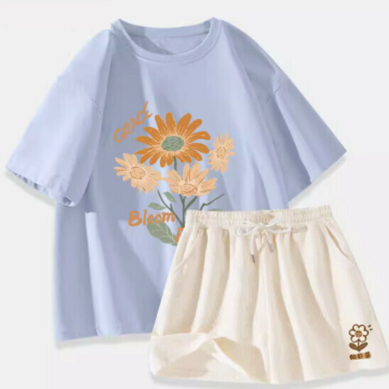 Hot selling cotton short-sleeved T-shirt two-piece set [light blue (sunflower bouquet) + milky white pants] [S-XL size] (please contact customer service to confirm the delivery size after placing the order)