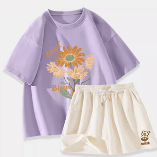 Hot selling two-piece cotton short-sleeved T-shirt set [Taro Purple (Sunflower Bouquet) + Milk White Pants] [S-XL] (please contact customer service to confirm the delivery size after placing the order)