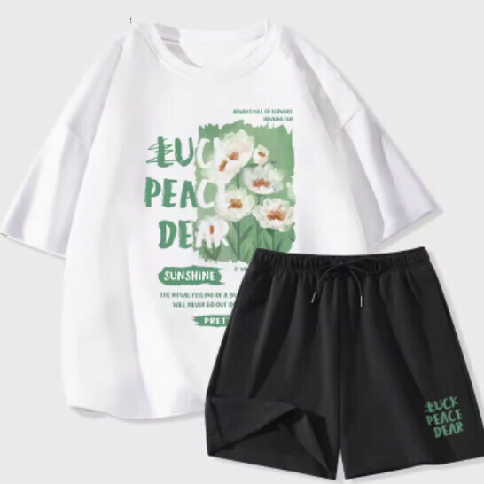 Hot selling two-piece set of short-sleeved ice silk shorts [white (Qingfenghuatian) + black pants] [S-2XL size] (please contact customer service to confirm the delivery size after placing the order)