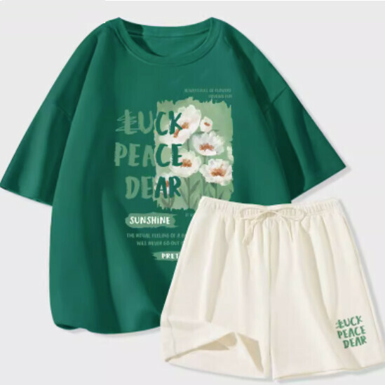 Hot selling two-piece set of short-sleeved ice silk shorts [dark green (breeze flower field) + milk white pants] [S-2XL size] (please contact customer service to confirm the delivery size after placing the order)