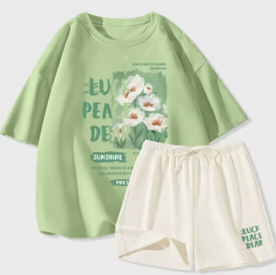 Hot selling two-piece set of short-sleeved ice silk shorts [Fruit Green (Breeze Flower Field) + Milky White Pants] [S-2XL Size] (please contact customer service to confirm the delivery size after placing the order)