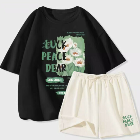 Hot selling two-piece set of short-sleeved ice silk shorts [Black (Qingfenghuatian) + Milk White Pants] [S-2XL Size] (please contact customer service to confirm the delivery size after placing the order)