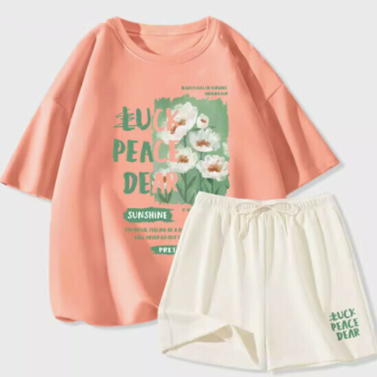 Hot selling two-piece short-sleeved ice silk shorts set [orange pink (breeze flower field) + milk white pants] [S-2XL size] (please contact customer service to confirm the delivery size after placing the order)