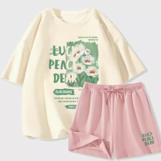 Hot selling two-piece set of short-sleeved ice silk shorts [Milk White (Breeze Flower Field) + Pink Pants] [S-2XL Size] (please contact customer service to confirm the delivery size after placing the order)