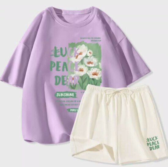 Hot selling two-piece set of short-sleeved ice silk shorts [Taro Purple (Breeze Flower Field) + Milky White Pants] [S-2XL] (please contact customer service to confirm the delivery size after placing the order)