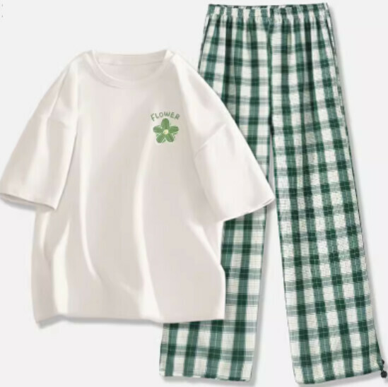Hot selling short-sleeved versatile casual two-piece set [white (Qingyahua) + dark green pants] [S-2XL size] (please contact customer service to confirm the delivery size after placing the order)