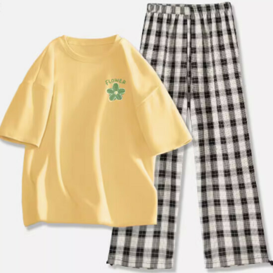 Hot selling short-sleeved versatile casual two-piece set [goose yellow (elegant flower) + black and white pants] [S-XL size] (please contact customer service to confirm the delivery size after placing the order)