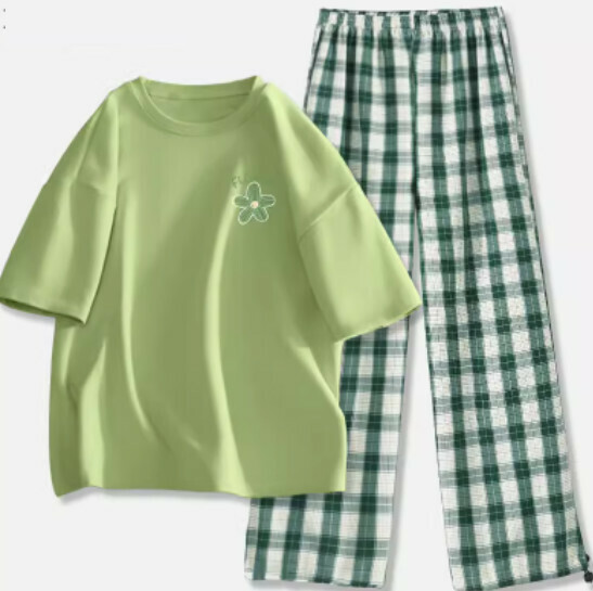 Hot selling short-sleeved versatile casual two-piece set [fruit green (elegant flower) + dark green pants] [S-2XL size] (please contact customer service to confirm the delivery size after placing the order)