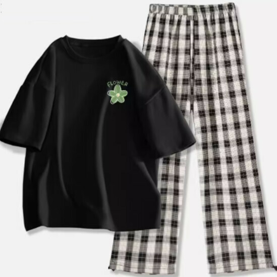 Hot selling short-sleeved versatile casual two-piece set [Black (Qingyahua) + black and white pants] [S-2XL size] (please contact customer service to confirm the delivery size after placing the order)