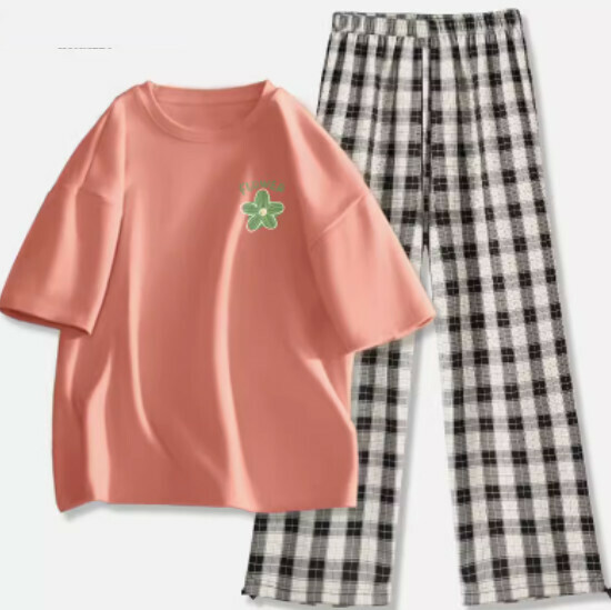 Hot selling short-sleeved versatile casual two-piece set [orange pink (elegant flower) + black and white pants] [S-2XL size] (please contact customer service to confirm the delivery size after placing the order)