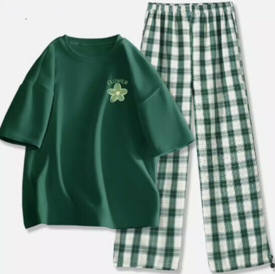 Hot selling short-sleeved versatile casual two-piece set [dark green (Qingyahua) + dark green pants] [S-2XL size] (please contact customer service to confirm the delivery size after placing the order)