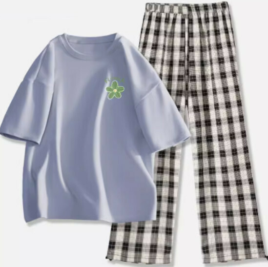 Hot selling short-sleeved versatile casual two-piece set [light blue (elegant flower) + black and white pants] [S-2XL size] (please contact customer service to confirm the delivery size after placing the order)