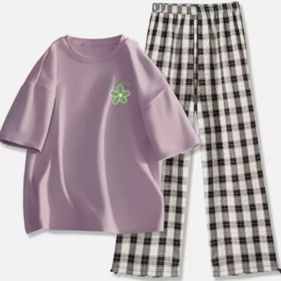 Hot selling short-sleeved versatile casual two-piece set [Taro purple (elegant flower) + black and white pants] [S-2XL size] (please contact customer service to confirm the delivery size after placing the order)