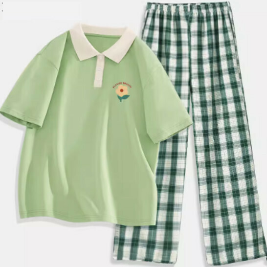Hot selling two-piece polo collar short-sleeved T-shirt set [fruit green (five-petal flower) + dark green pants] [S-2XL size] (please contact customer service to confirm the delivery size after placing the order)