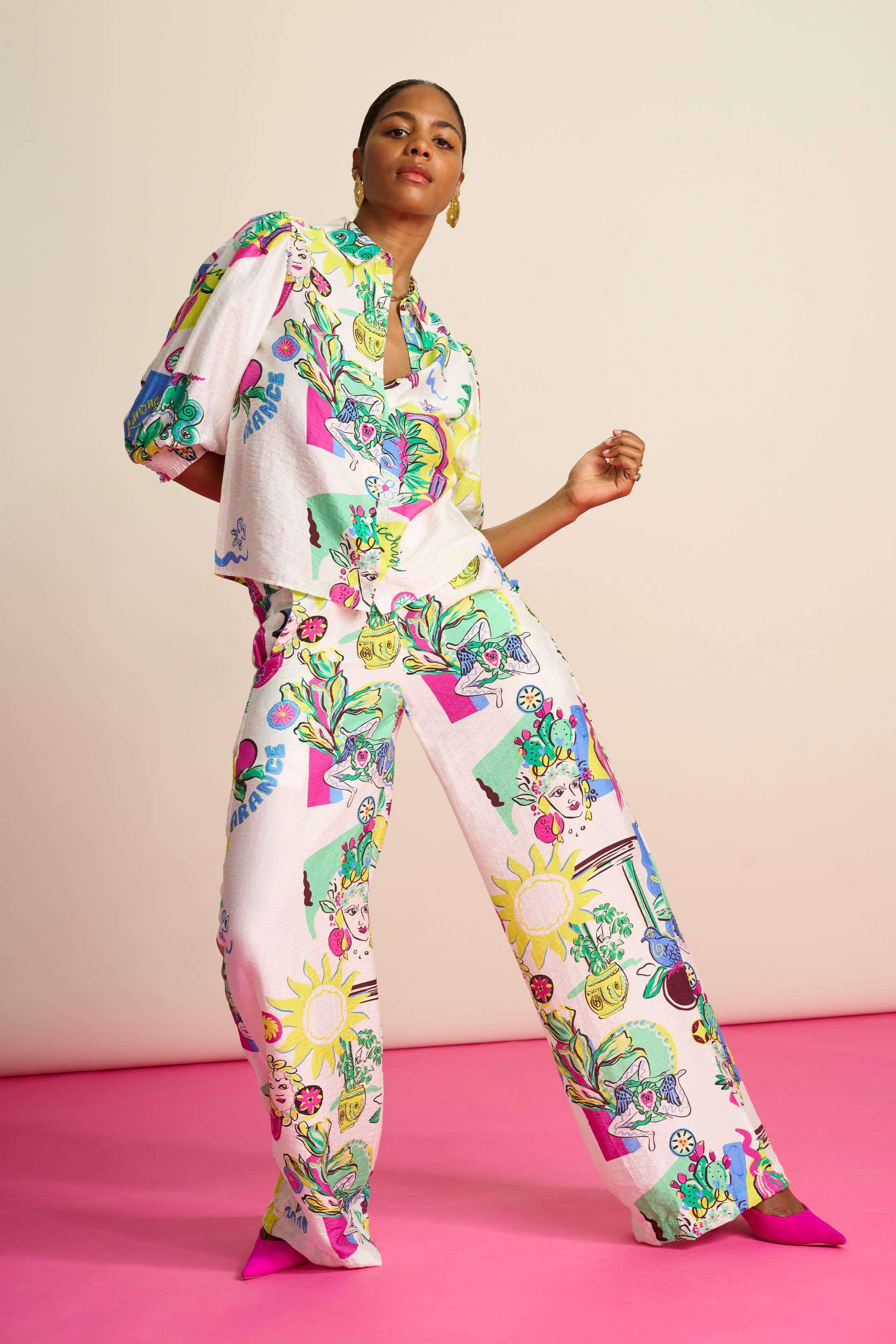 POM 印花直腳長褲