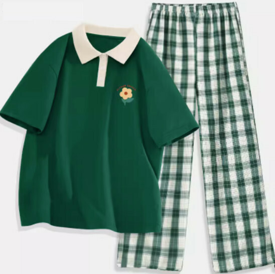 Hot selling polo collar short-sleeved T-shirt two-piece set [green (five-petal flower) + dark green pants] [S-2XL size] (please contact customer service to confirm the delivery size after placing the order)