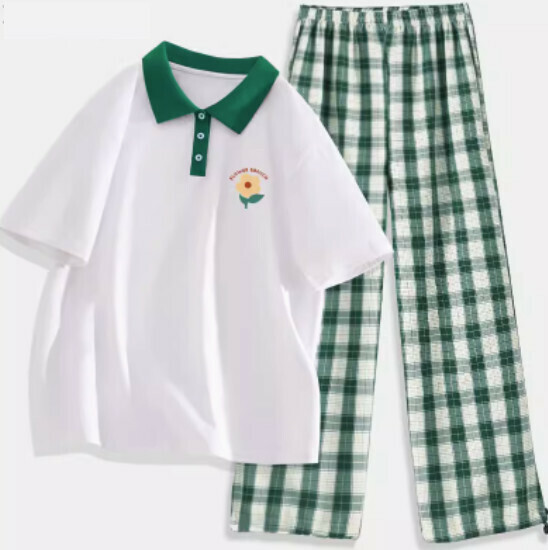 Hot selling polo collar short-sleeved T-shirt two-piece set [white (five-petal flower) + dark green pants] [S-2XL size] (please contact customer service to confirm the delivery size after placing the order)