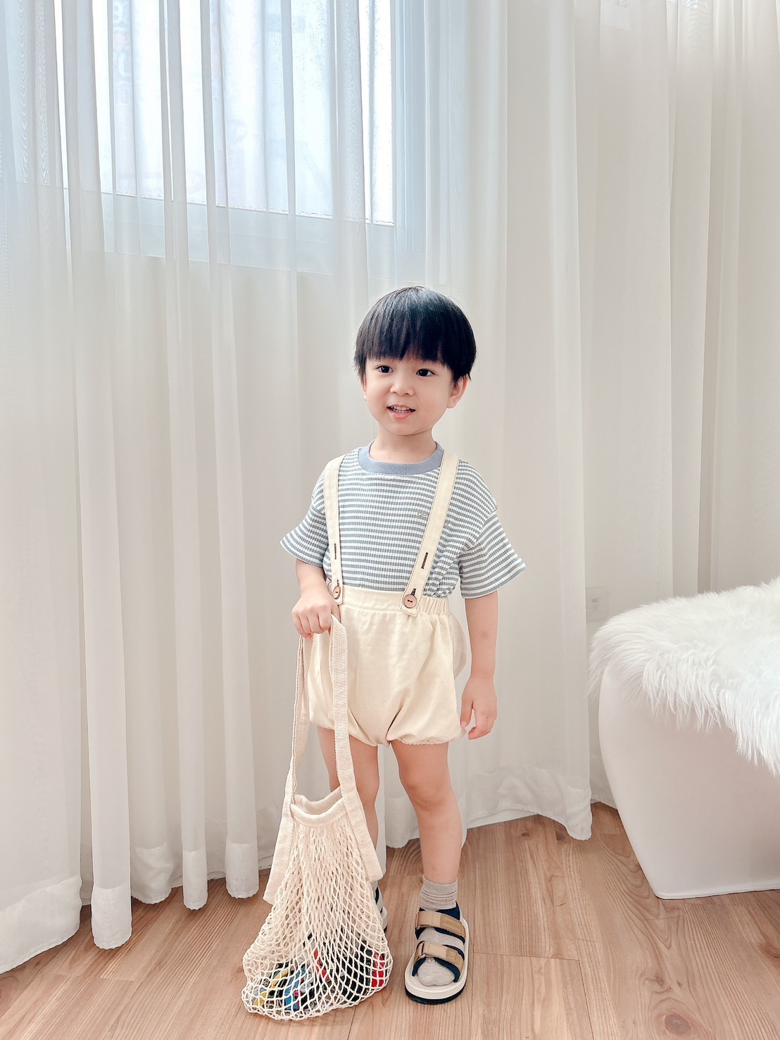 日本Petitmig 純棉吊帶燈籠褲 - White