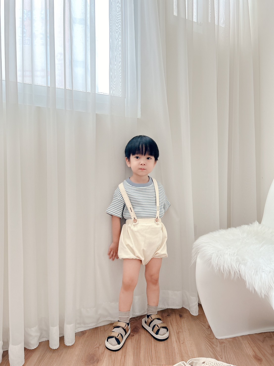 日本Petitmig 純棉吊帶燈籠褲 - White