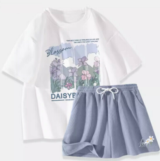 Hot selling short-sleeved T-shirt and shorts two-piece set [White (Mountain Iris) + Blue Pants] [S-XL] (please contact customer service to confirm the delivery size after placing the order)