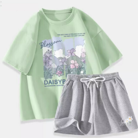 Hot selling two-piece set of short-sleeved T-shirts and shorts [fruit green (mountain iris) + hemp gray pants] [S-XL size] (please contact customer service to confirm the delivery size after placing the order)