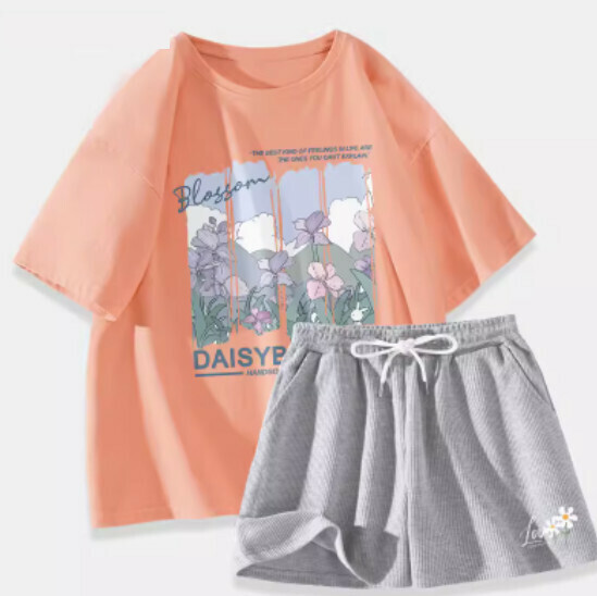 Hot selling two-piece set of short-sleeved T-shirts and shorts [orange pink (mountain iris) + hemp gray pants] [S-XL size] (please contact customer service to confirm the delivery size after placing the order)