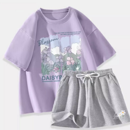 Hot selling two-piece set of short-sleeved T-shirts and shorts [Taro Purple (Mountain Iris) + Hemp Gray Pants] [S-XL] (please contact customer service to confirm the delivery size after placing the order)