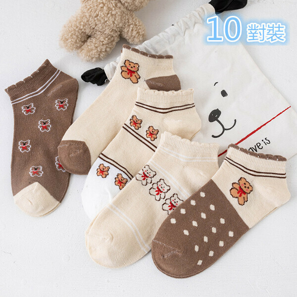 Hot Selling [10 Pairs Pack] Shallow Boat Socks (Red Scarf Bear) (Random Color)