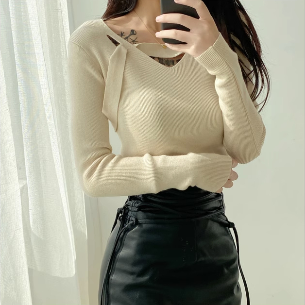 Hot selling V-neck long-sleeved knitted top (khaki) (one size fits all) (contact customer service after placing order to confirm delivery size)