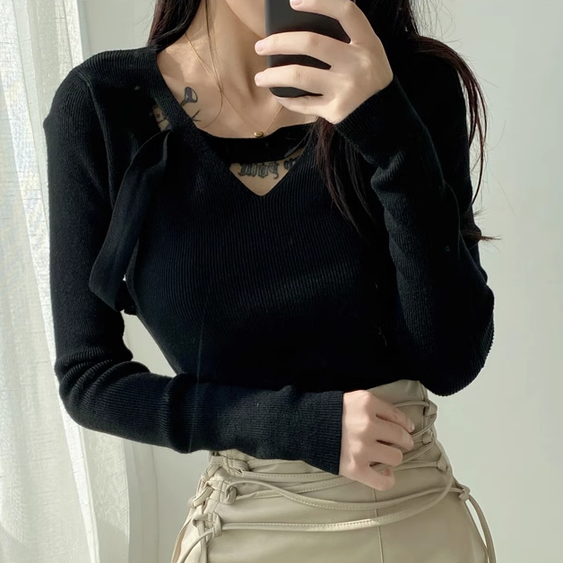 Hot selling V-neck long-sleeved knitted top (black) (one size fits all) (contact customer service after placing order to confirm delivery size)