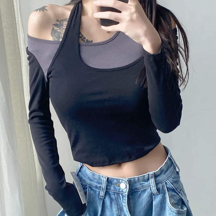 Hot selling fake two pieces contrasting color halterneck long-sleeved T-shirt (black and charcoal gray) (S/M size) (contact customer service after placing the order to confirm the delivery size)