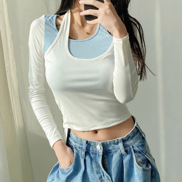 Hot selling fake two pieces contrasting color halterneck long-sleeved T-shirt (white with blue) (S/M size) (contact customer service after placing the order to confirm the delivery size)