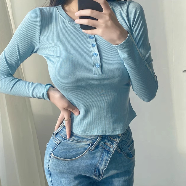 Hot selling single-breasted pullover long-sleeved T-shirt (light blue) (S/M size) (contact customer service after placing the order to confirm the delivery size)
