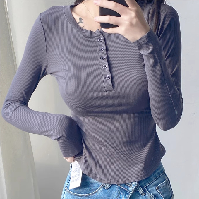 Hot selling single-breasted pullover long-sleeved T-shirt (charcoal gray) (S/M size) (contact customer service after placing the order to confirm the delivery size)