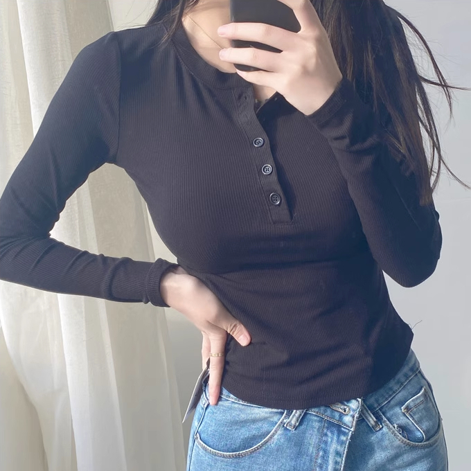 Hot selling single-breasted pullover long-sleeved T-shirt (black) (S/M size) (contact customer service after placing the order to confirm the delivery size)